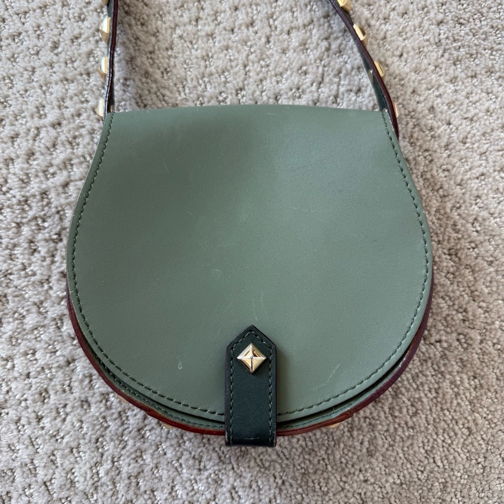 Rebecca Minkoff Mini Skylar Olive Green Gold Studded Cross Body Saddle Bag Purse - Picture 1 of 9